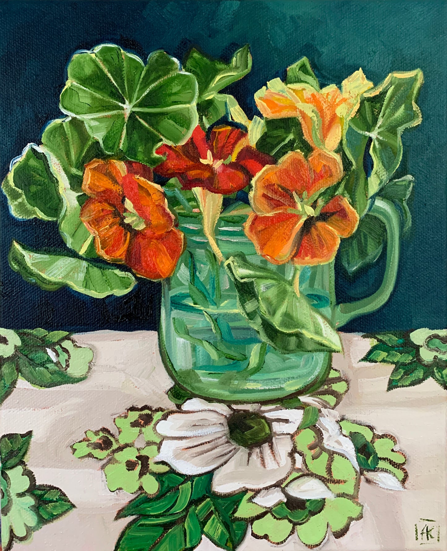 Nasturtiums on Vintage flower fabric