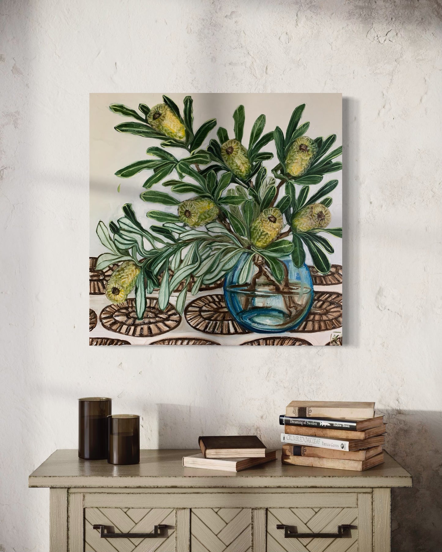 Banksia in blue glass