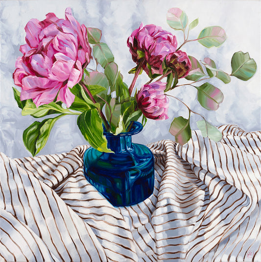 Peonies, French Ticking and Gum Leaves - PRINT LIMITED EDITION