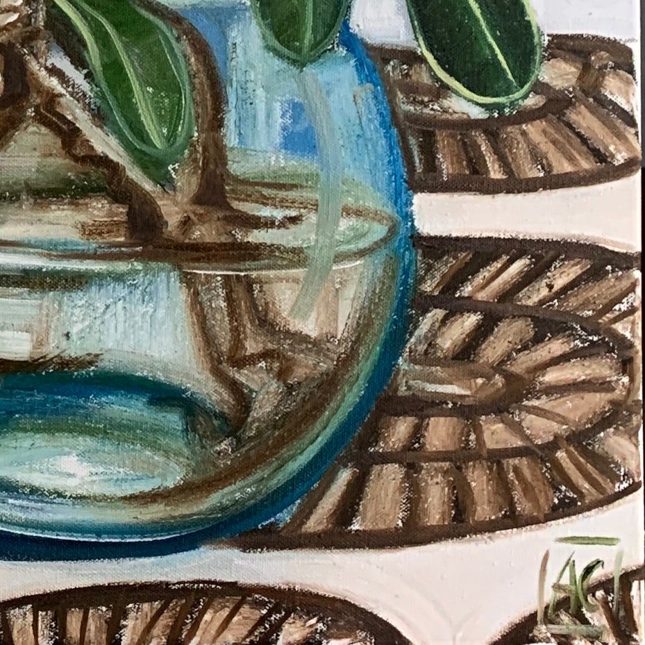 Banksia in blue glass