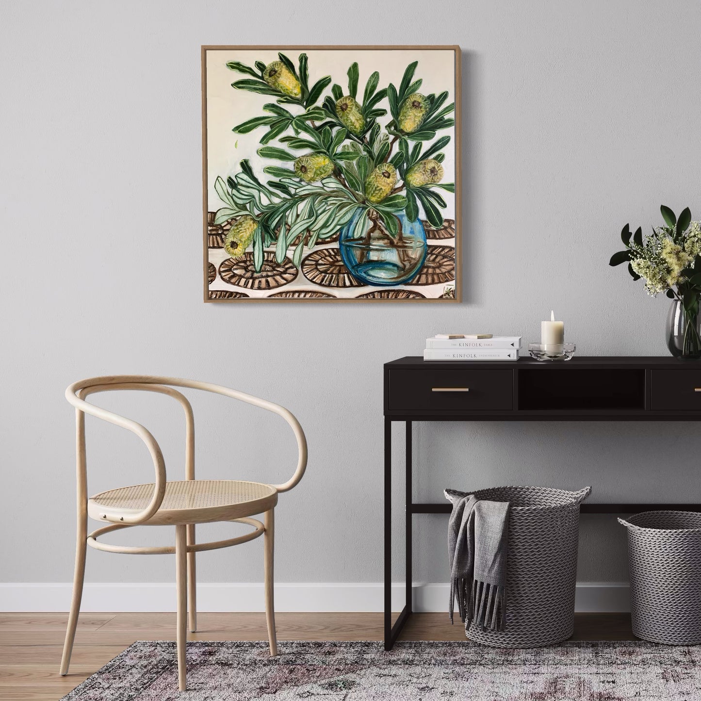 Banksia in blue glass