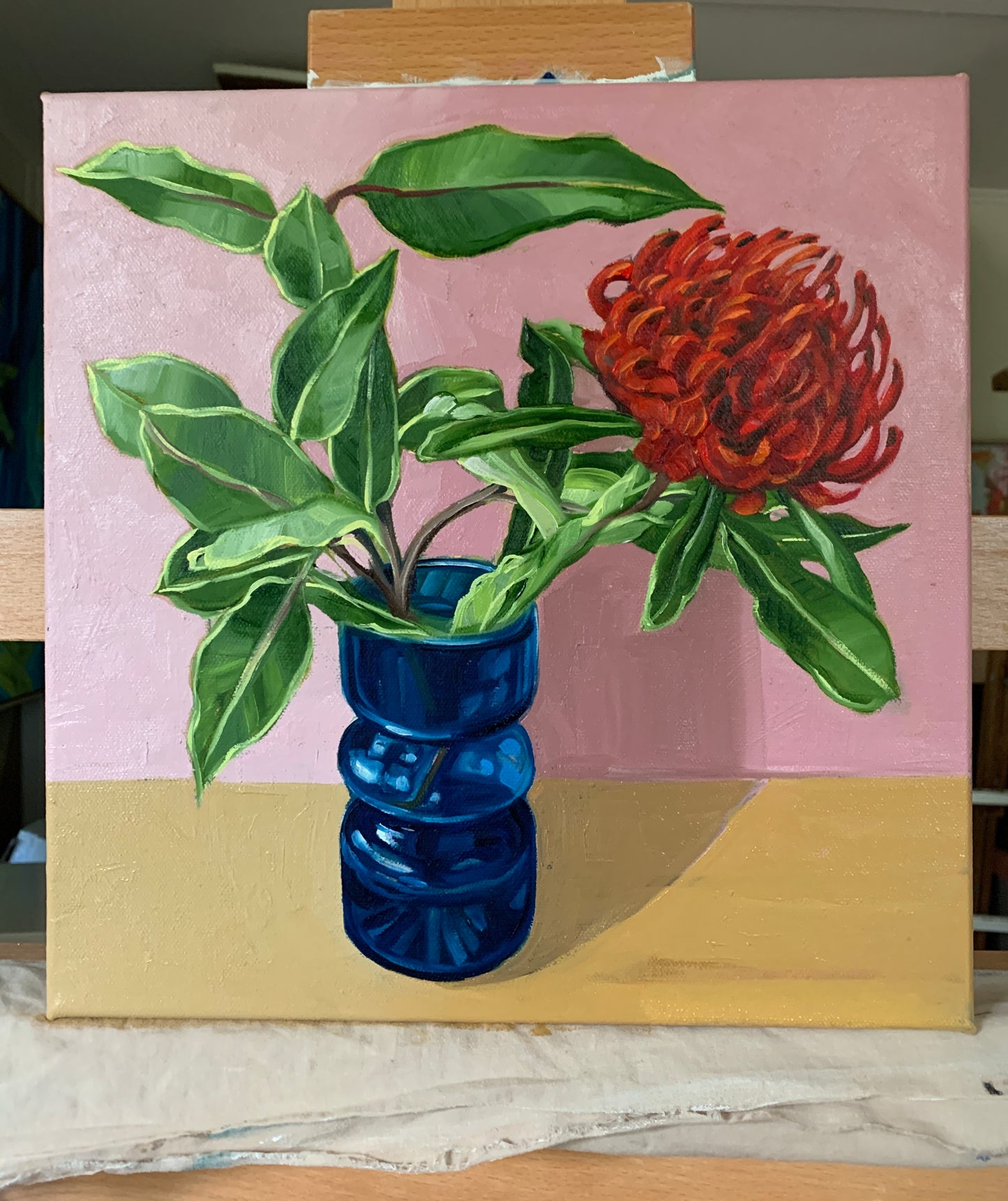 Waratah, Gum Leaves and Blue