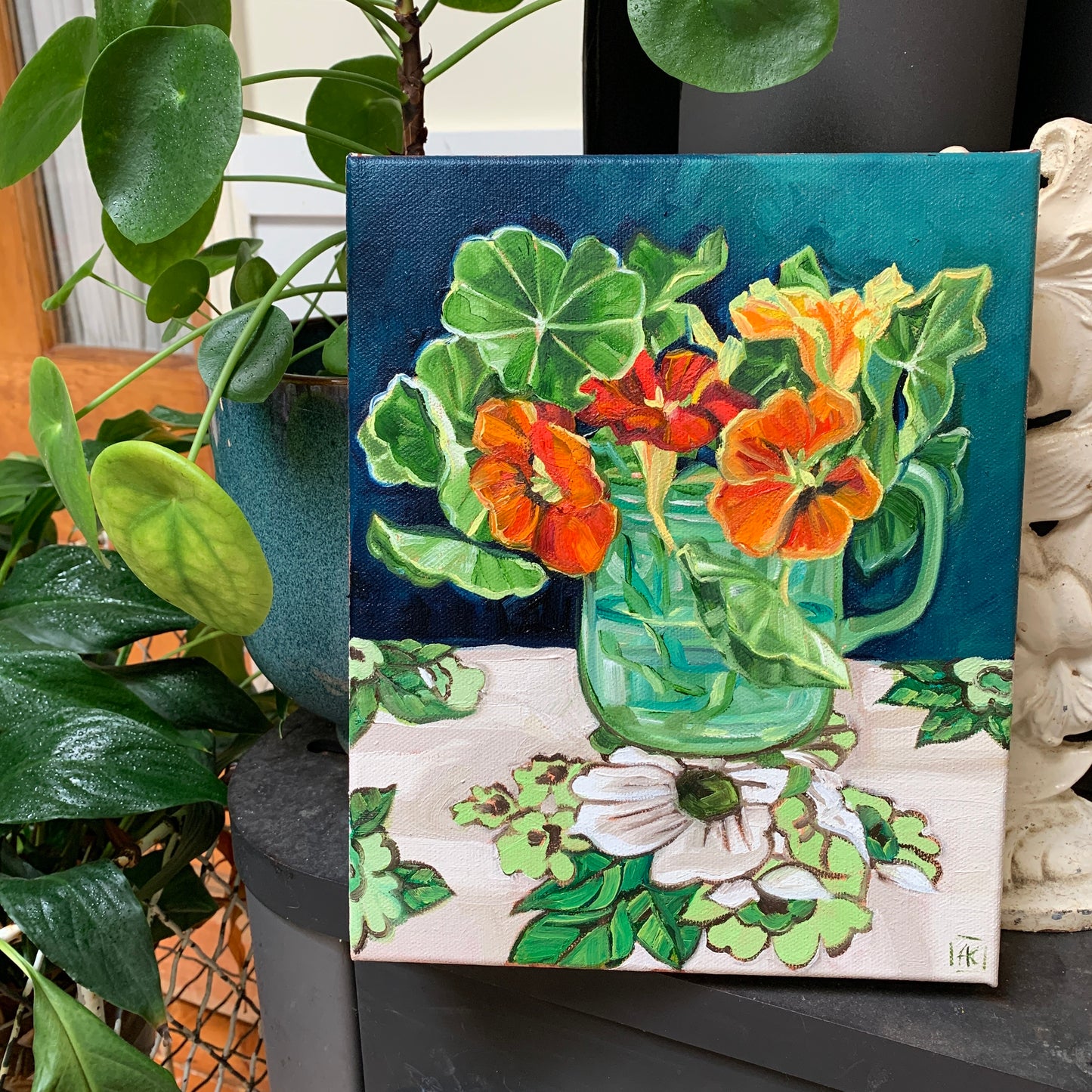 Nasturtiums on Vintage flower fabric