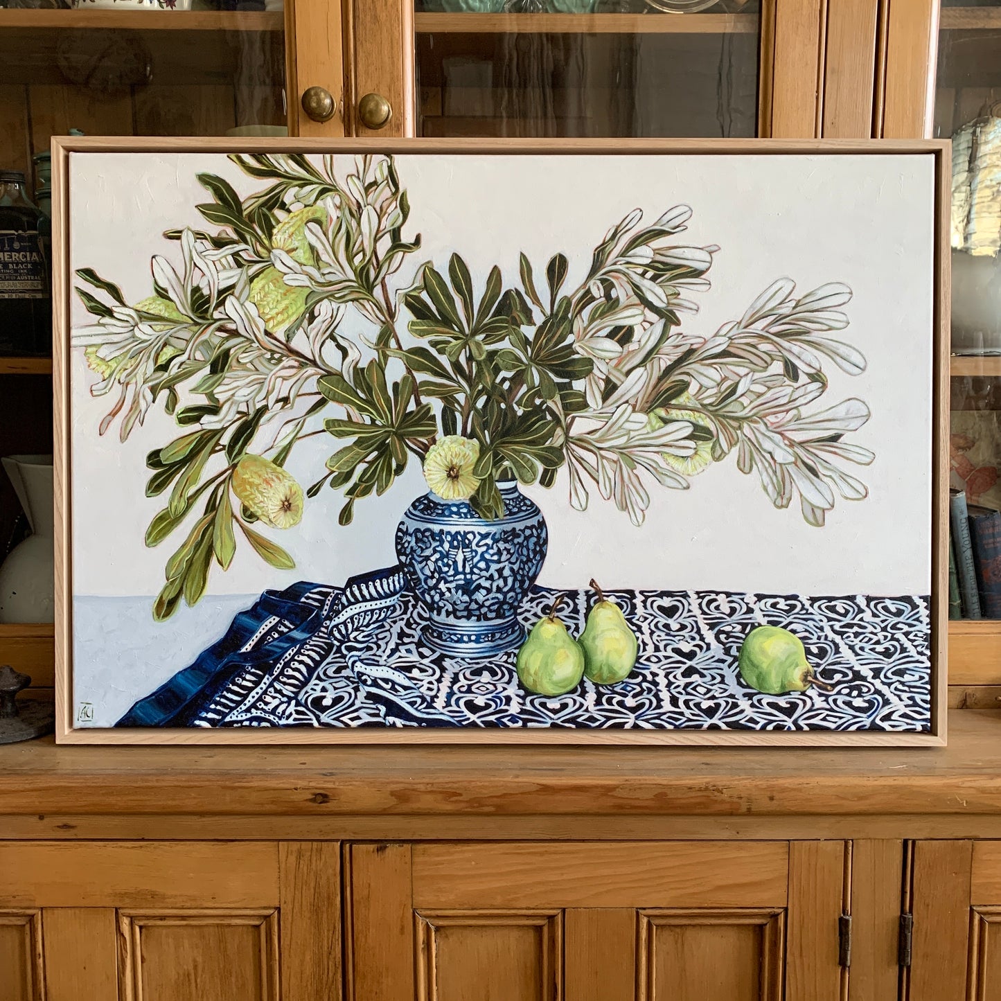Banksia and Pears on Blue and White