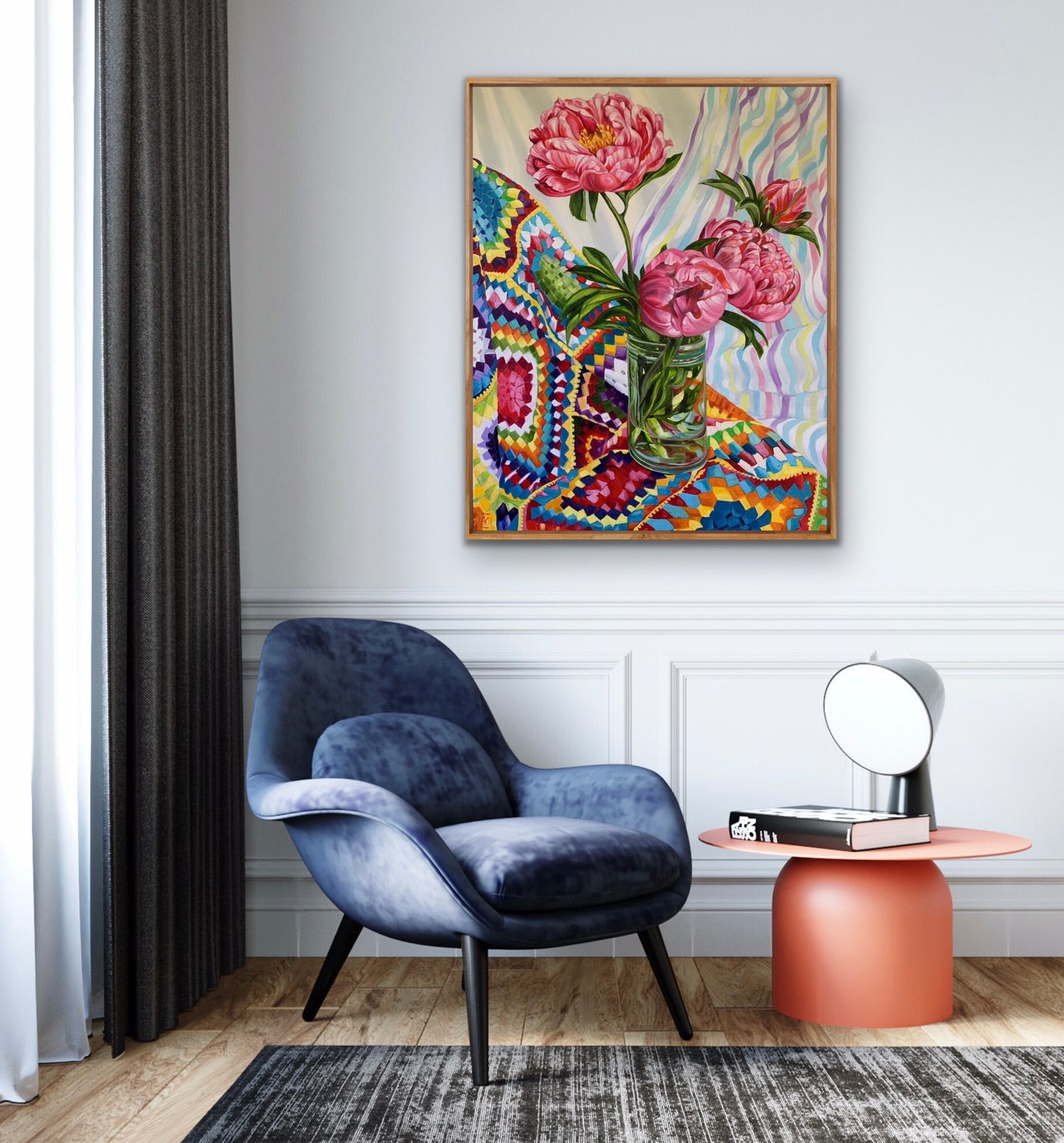 Granny Squares with Peonies and Stripes