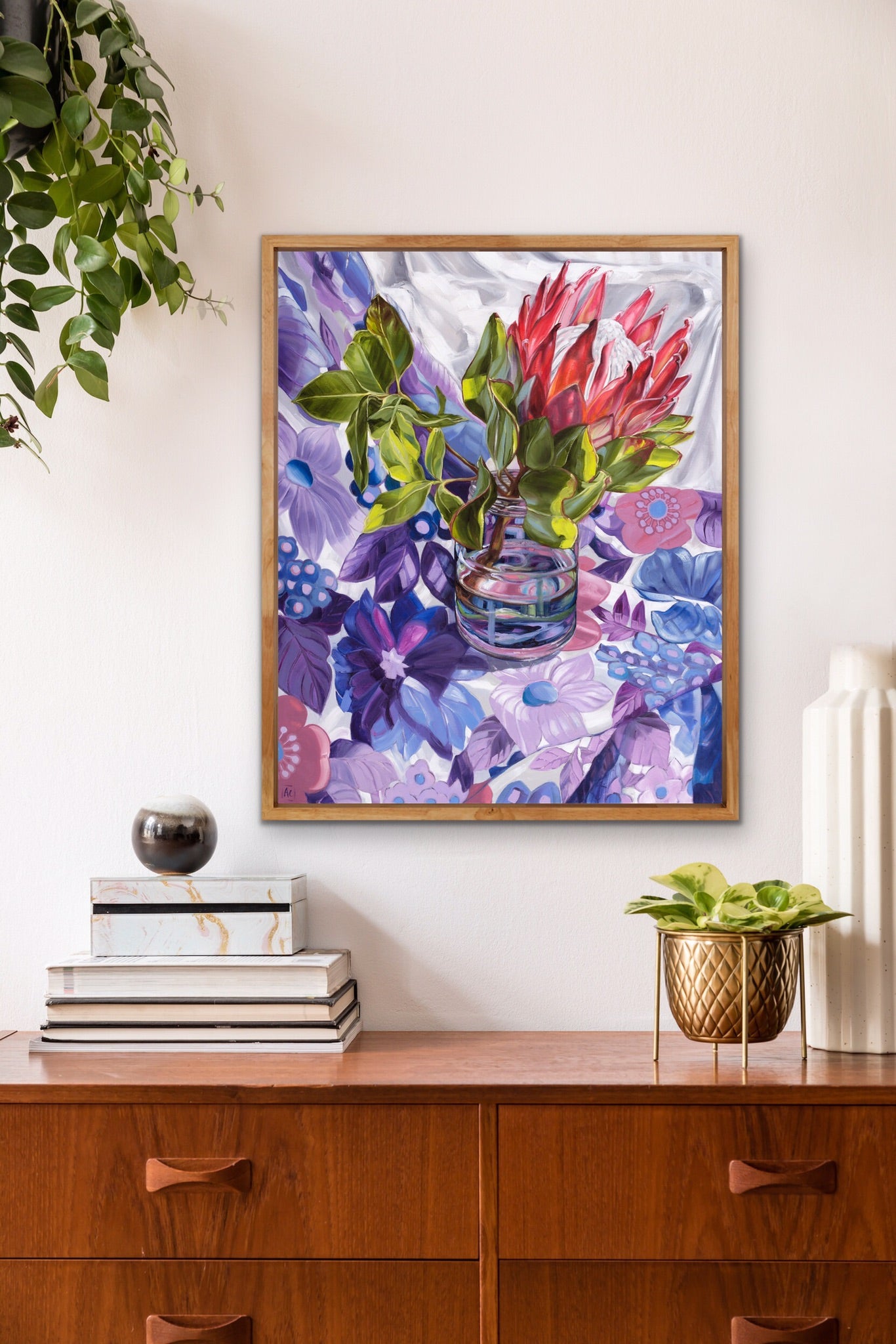 Gum leaves and King Protea on 60's flower power