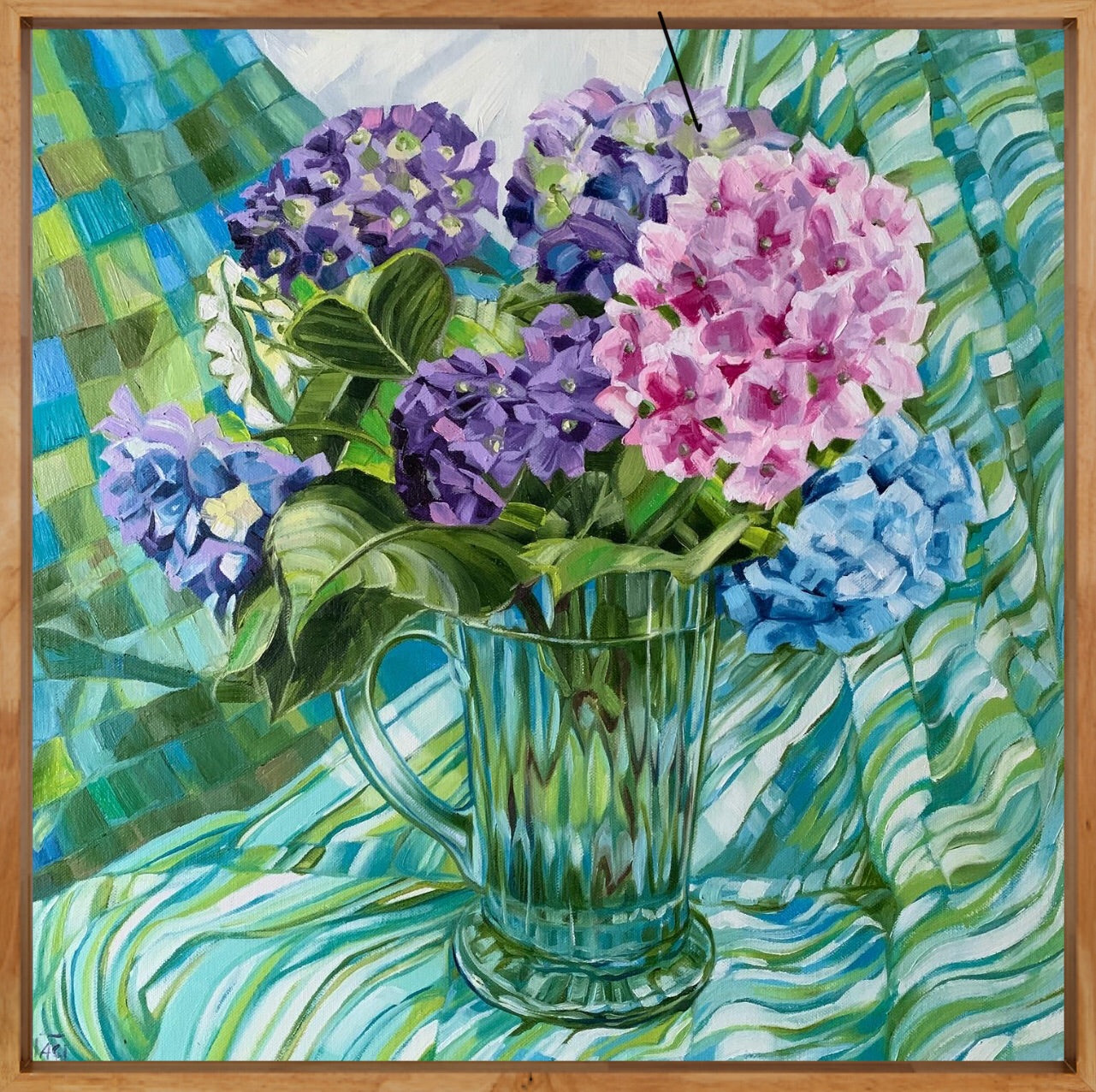 Blue Depression Glass and Hydrangeas