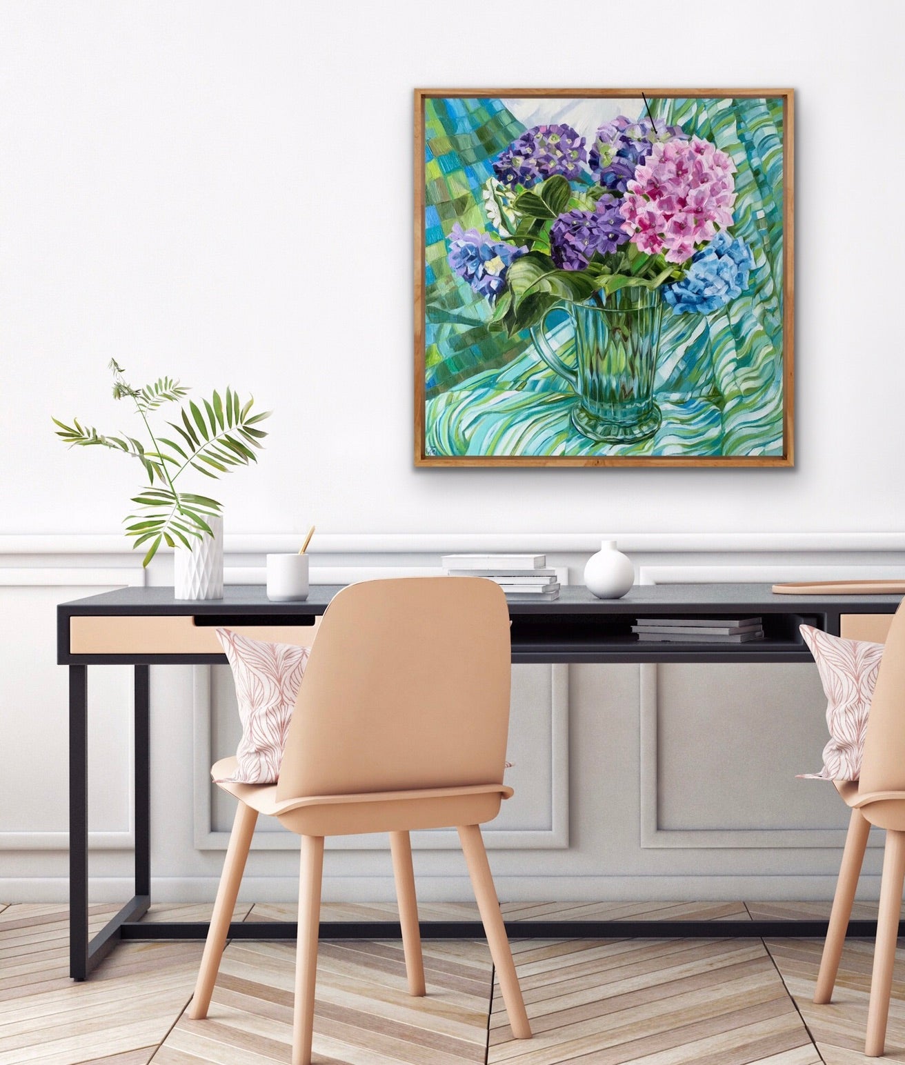 Blue Depression Glass and Hydrangeas