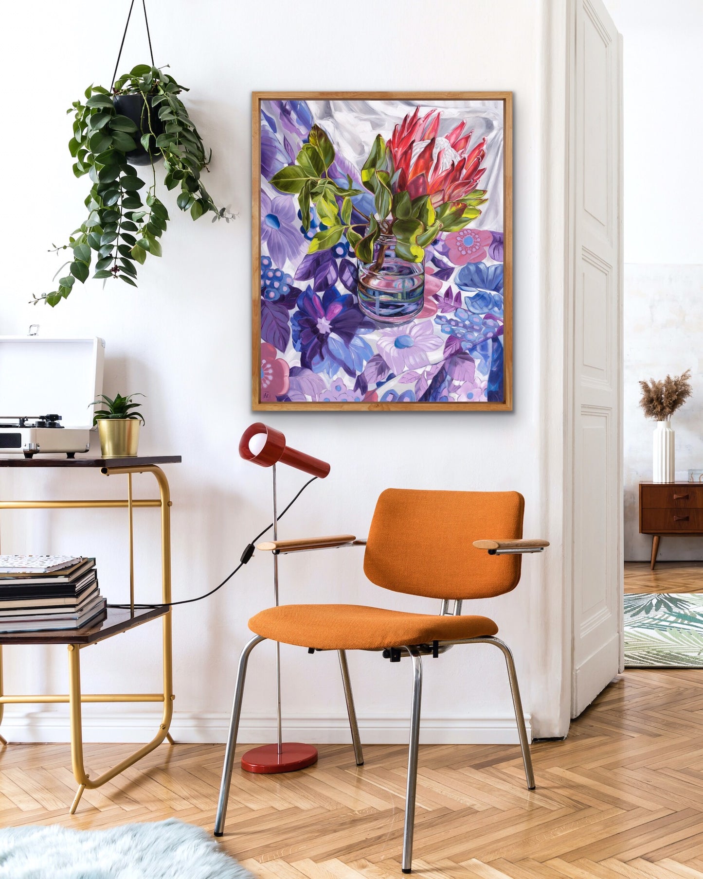 Gum leaves and King Protea on 60's flower power