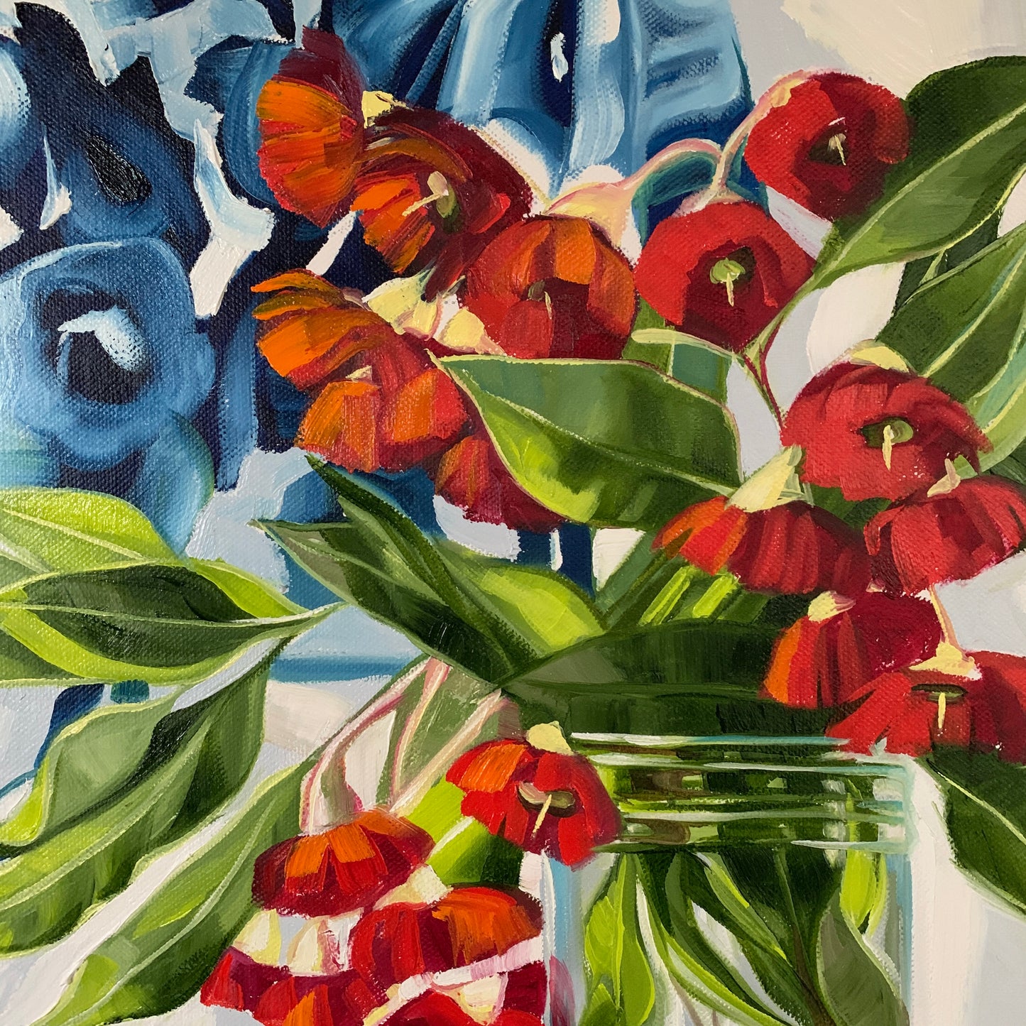 Red Gum Blossom on Blue and White