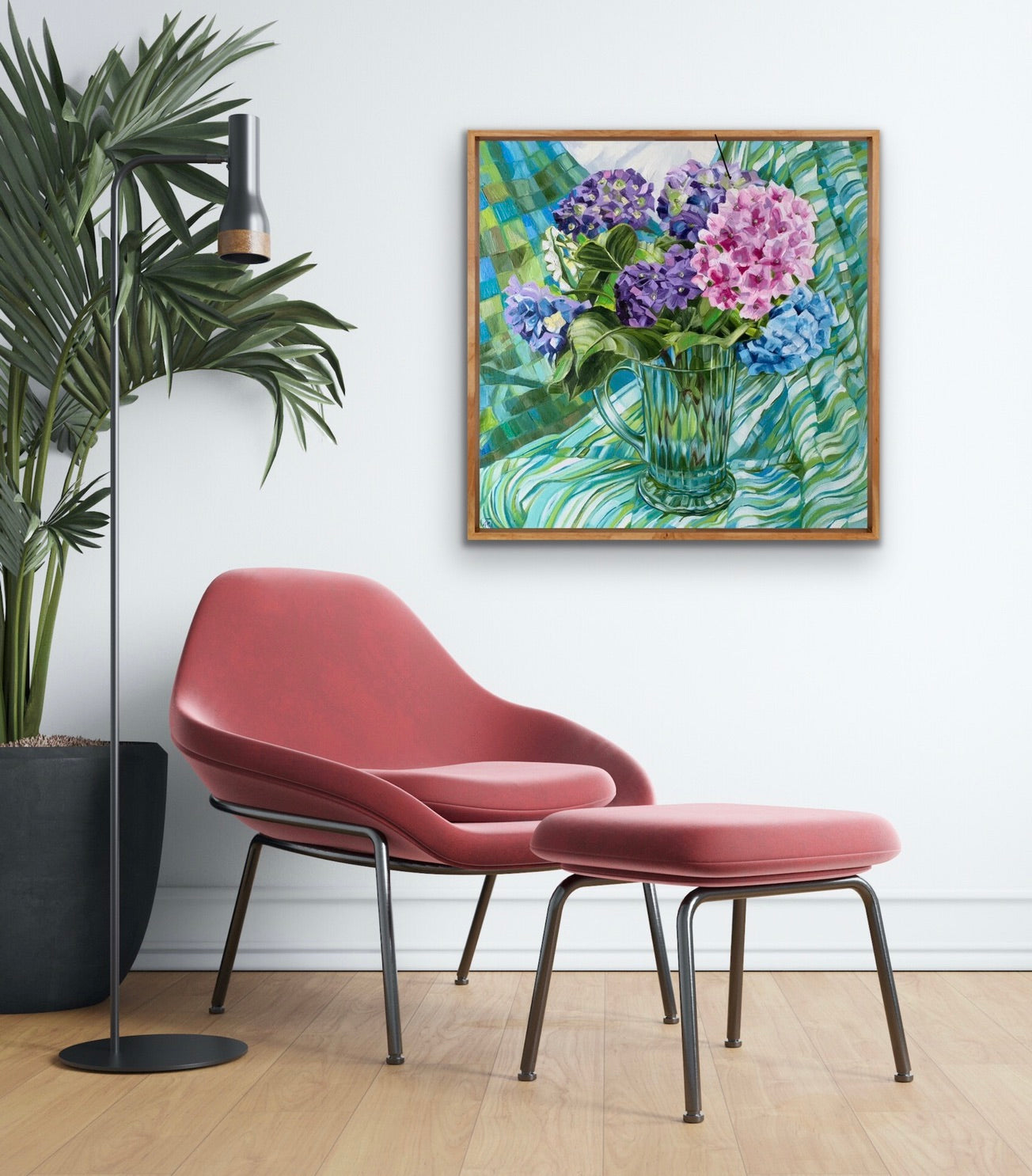 Blue Depression Glass and Hydrangeas