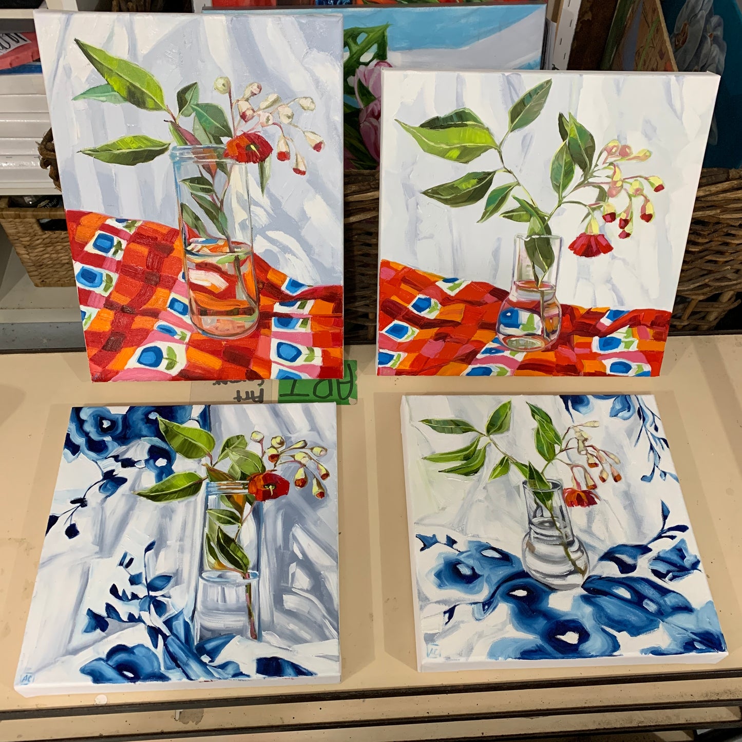 Red Gum Blossom on Glass Blue