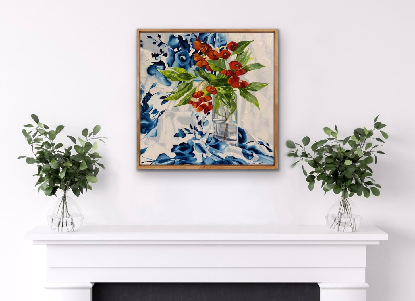 Red Gum Blossom on Blue and White