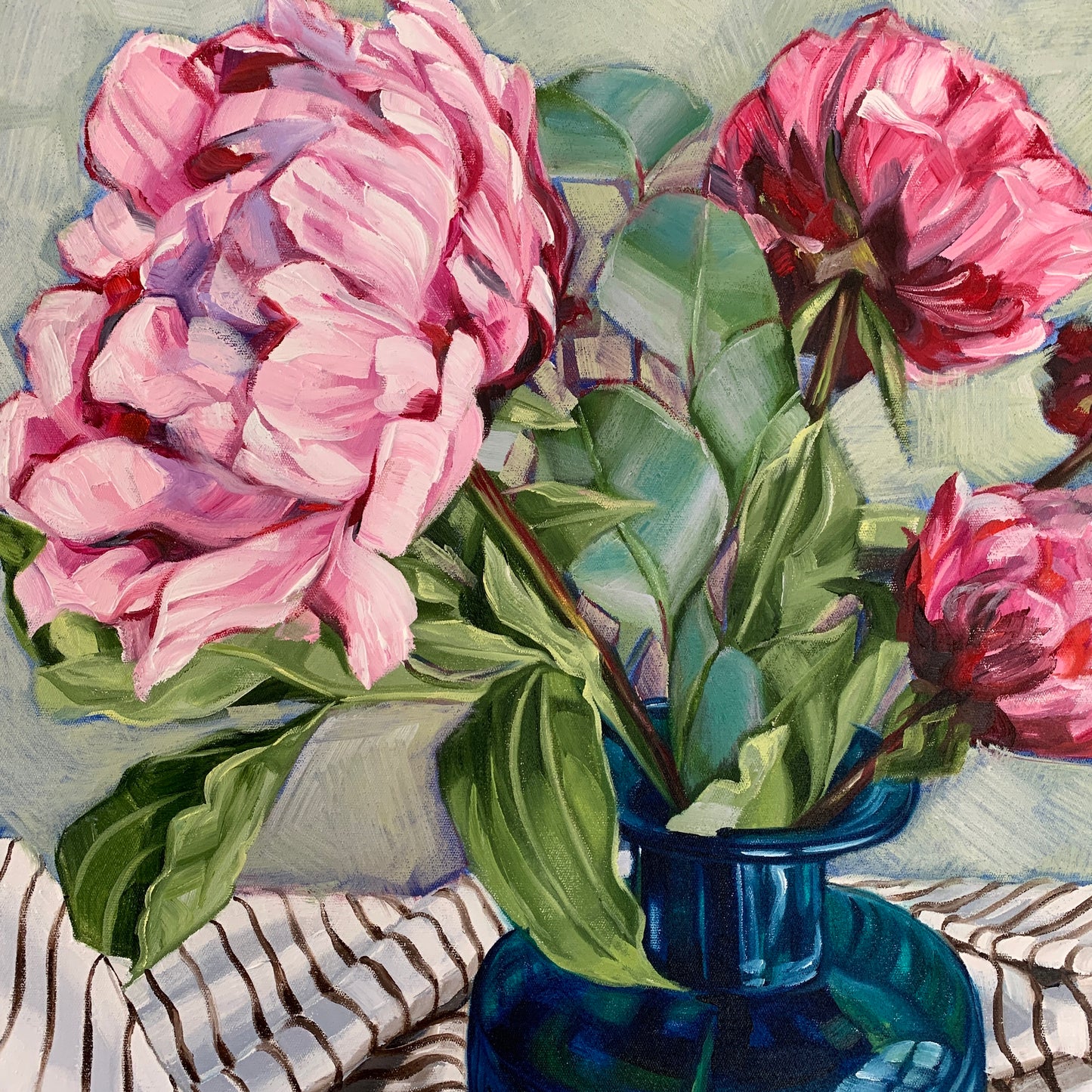 Peonies on French Ticking