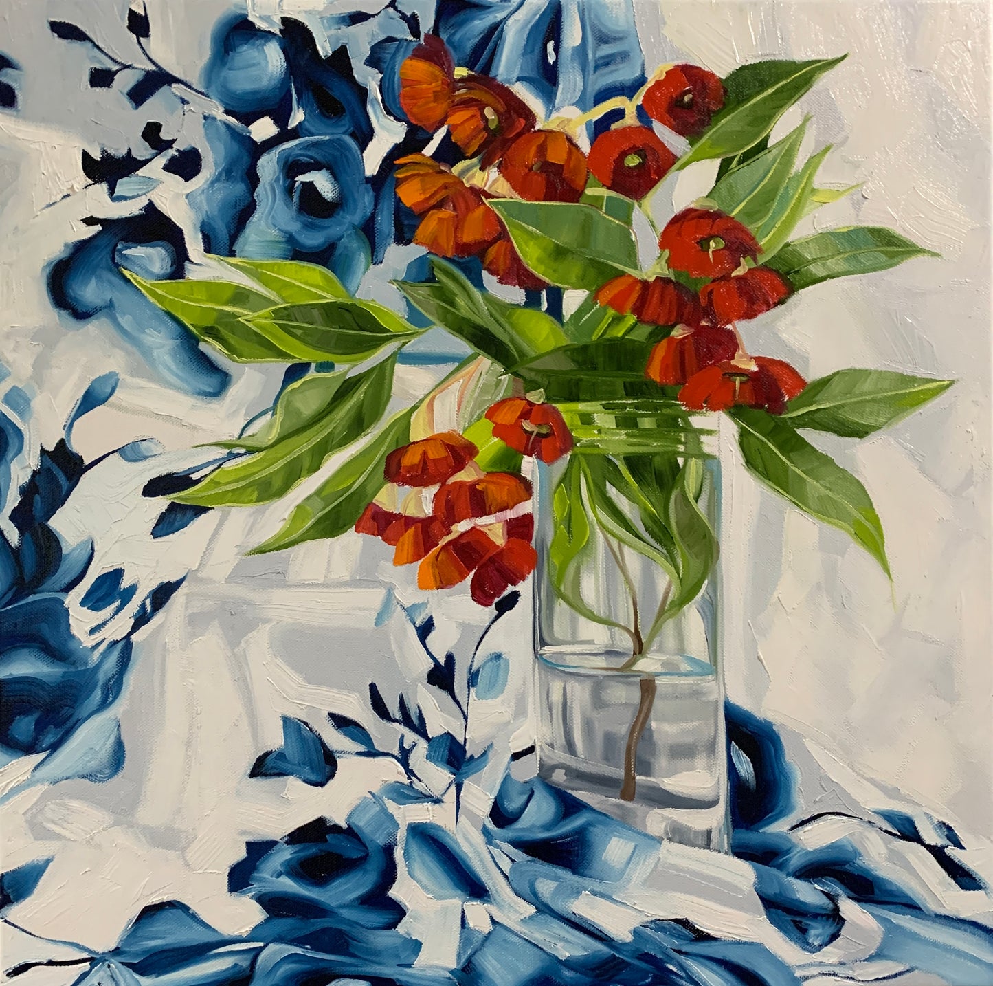 Red Gum Blossom on Blue and White