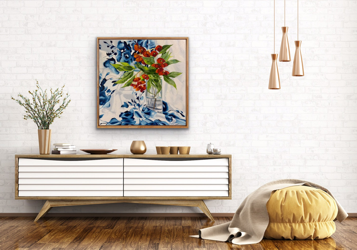 Red Gum Blossom on Blue and White