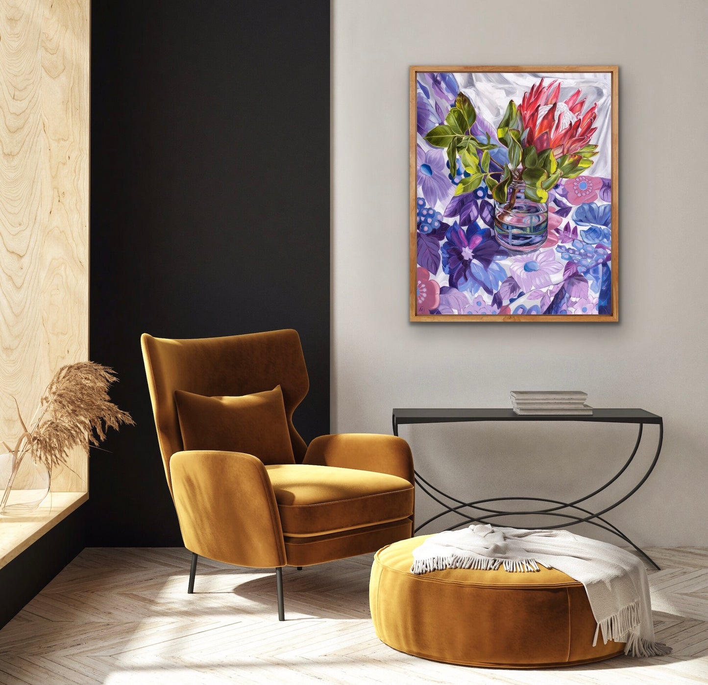 Gum leaves and King Protea on 60's flower power