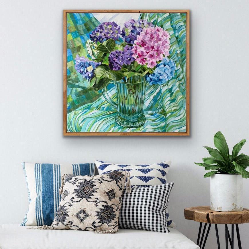 Blue Depression Glass and Hydrangeas