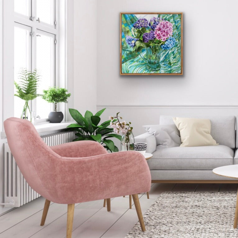 Blue Depression Glass and Hydrangeas