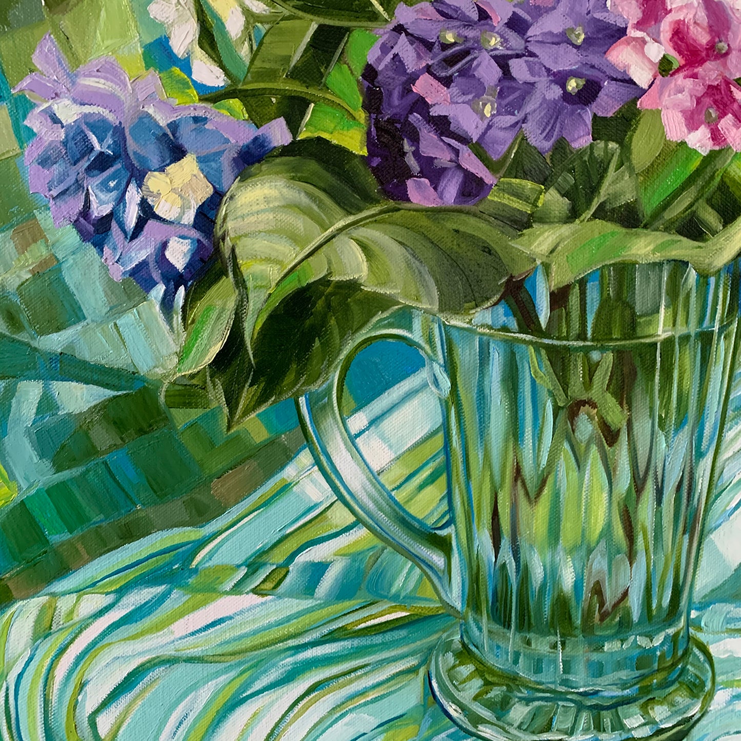 Blue Depression Glass and Hydrangeas