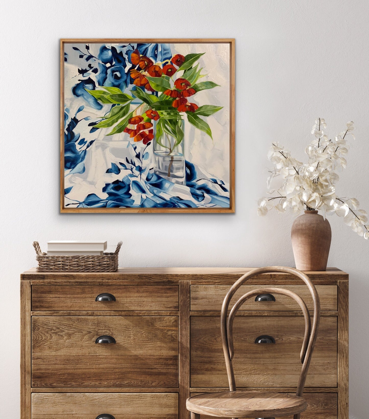 Red Gum Blossom on Blue and White