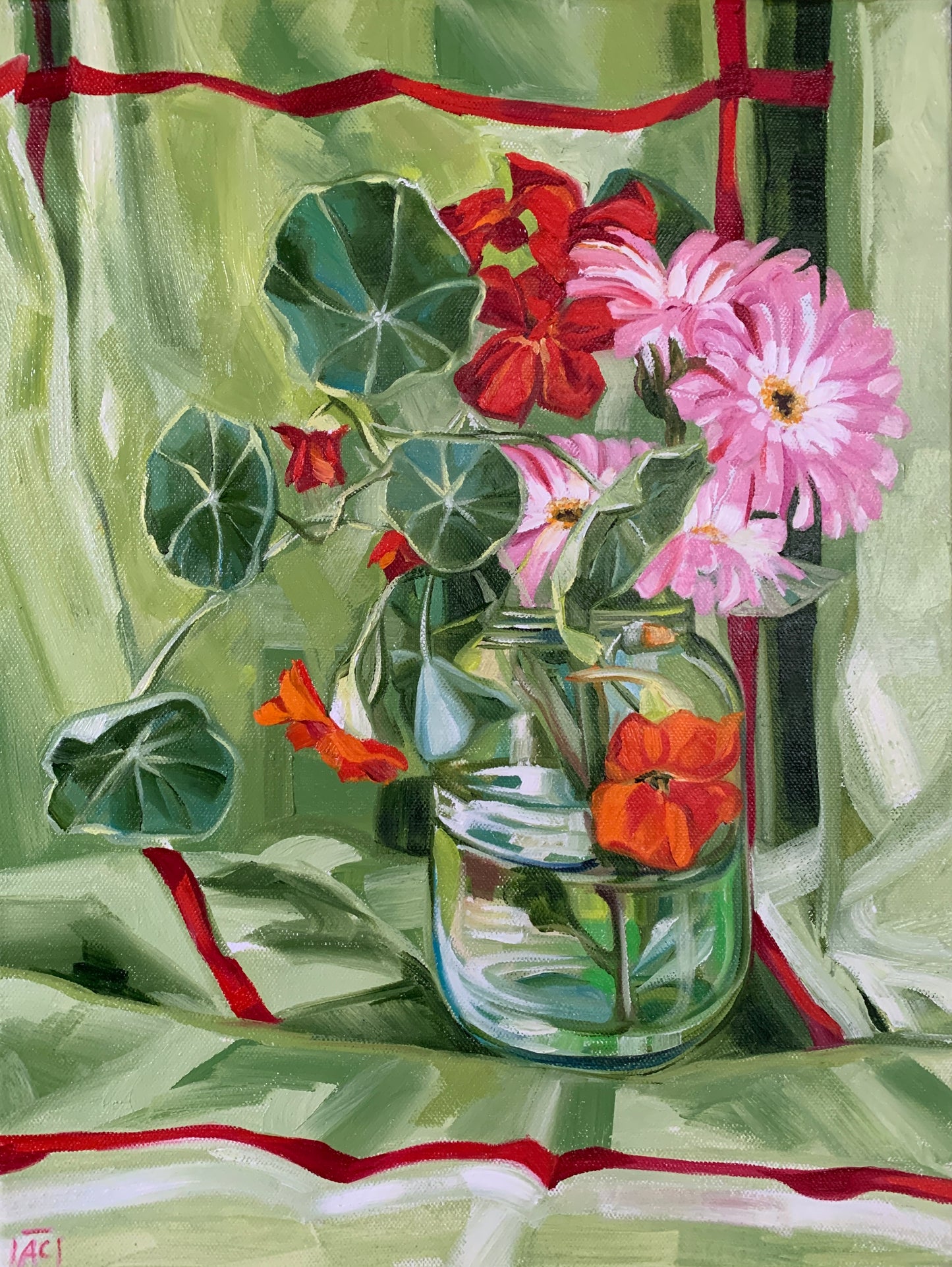 Nasturtium and Gerberas on Vintage Lime