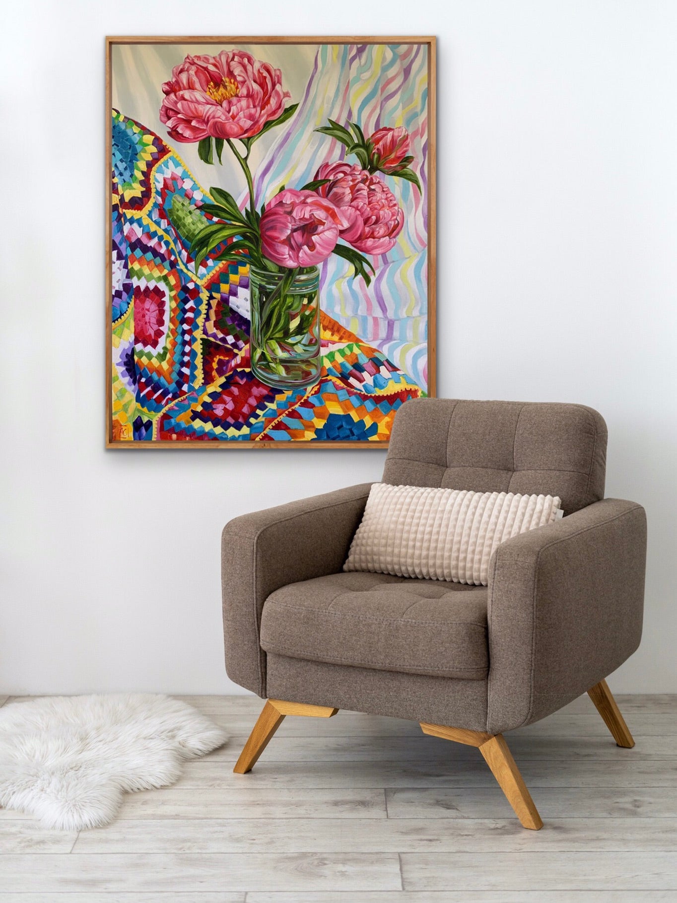 Granny Squares with Peonies and Stripes