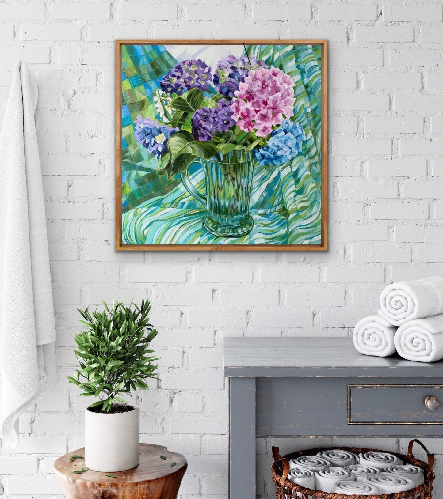 Blue Depression Glass and Hydrangeas