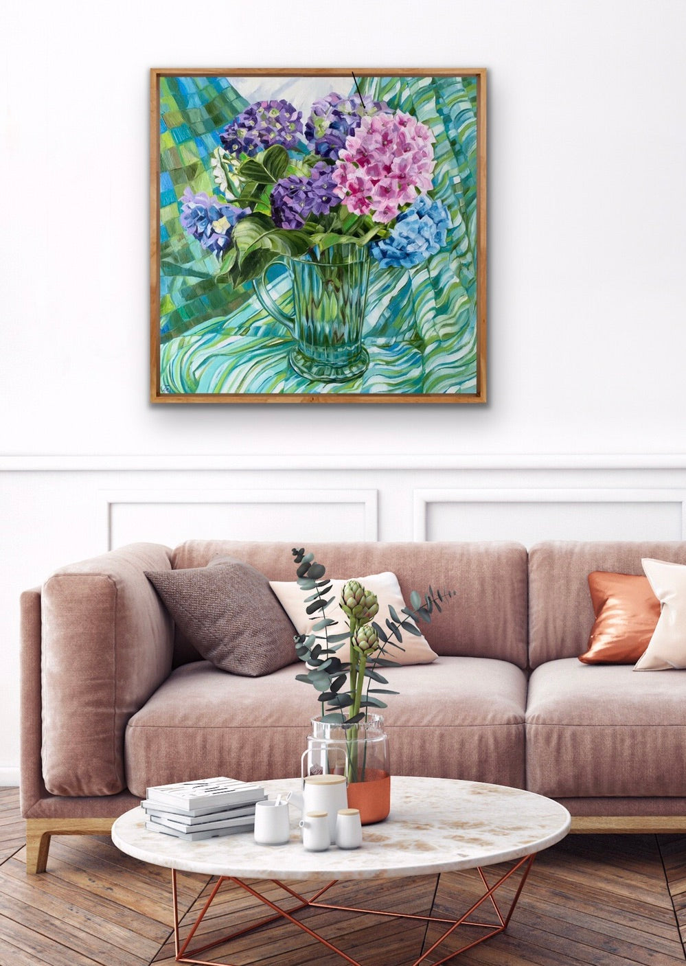 Blue Depression Glass and Hydrangeas