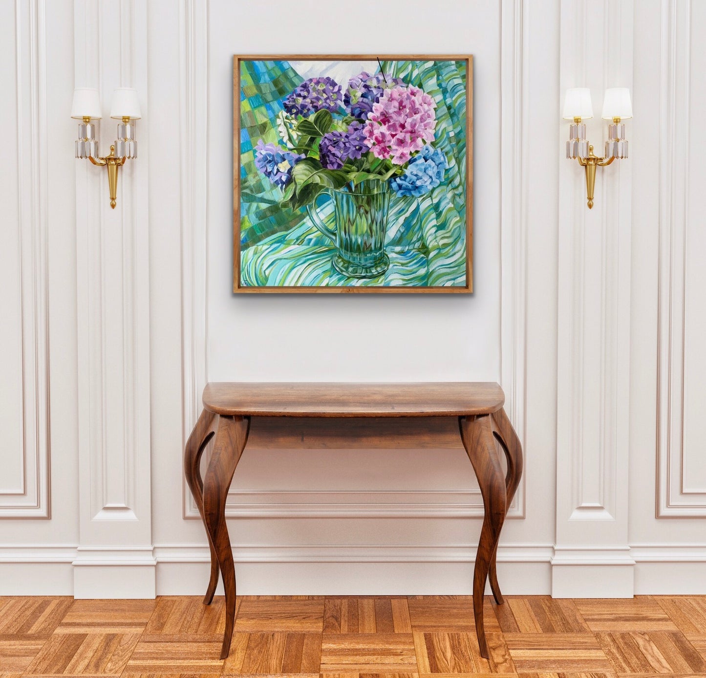 Blue Depression Glass and Hydrangeas