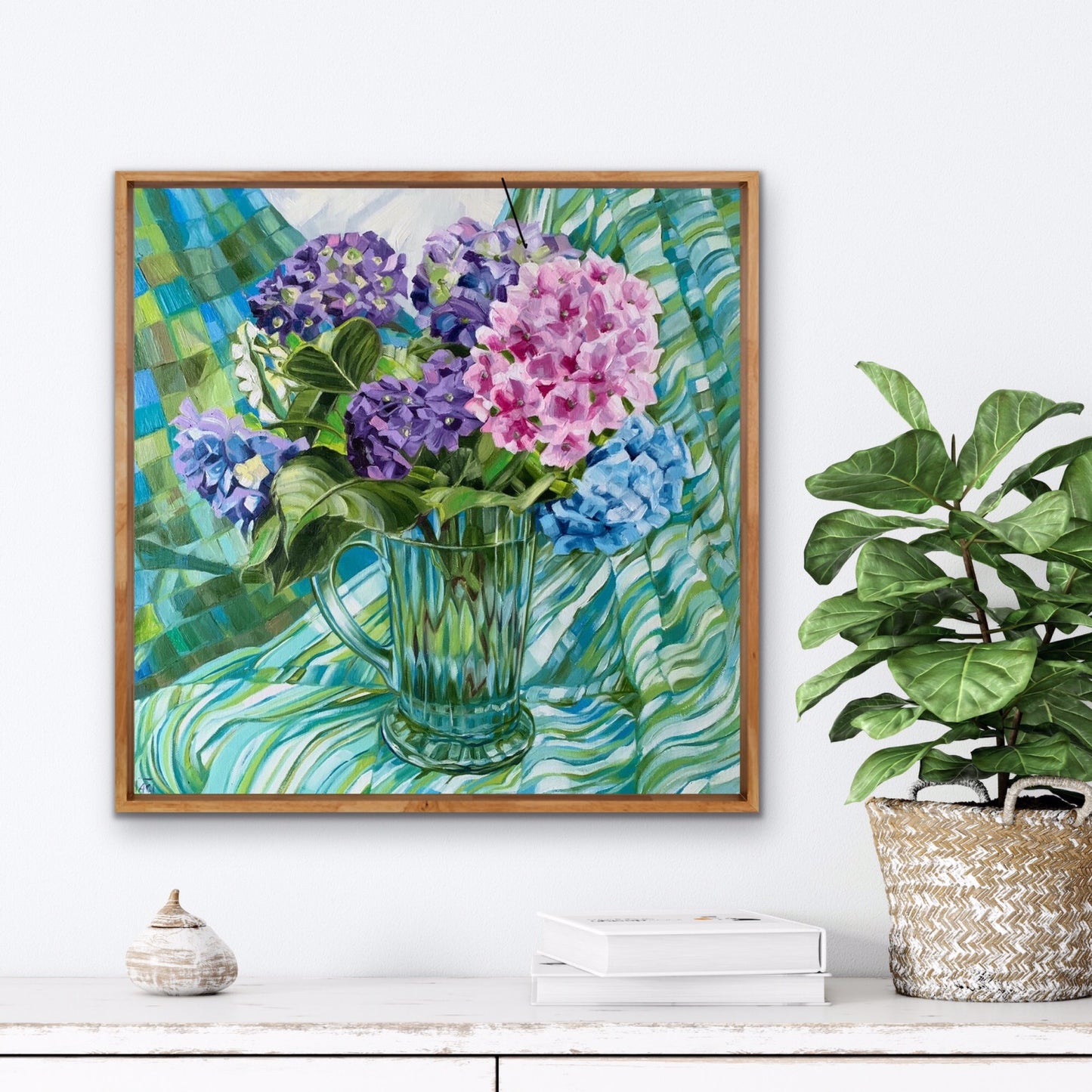 Blue Depression Glass and Hydrangeas