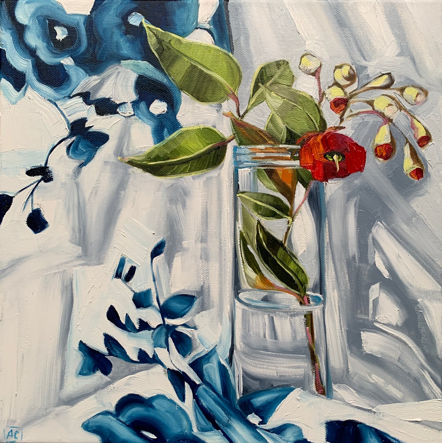 Red Gum Blossom on Blue