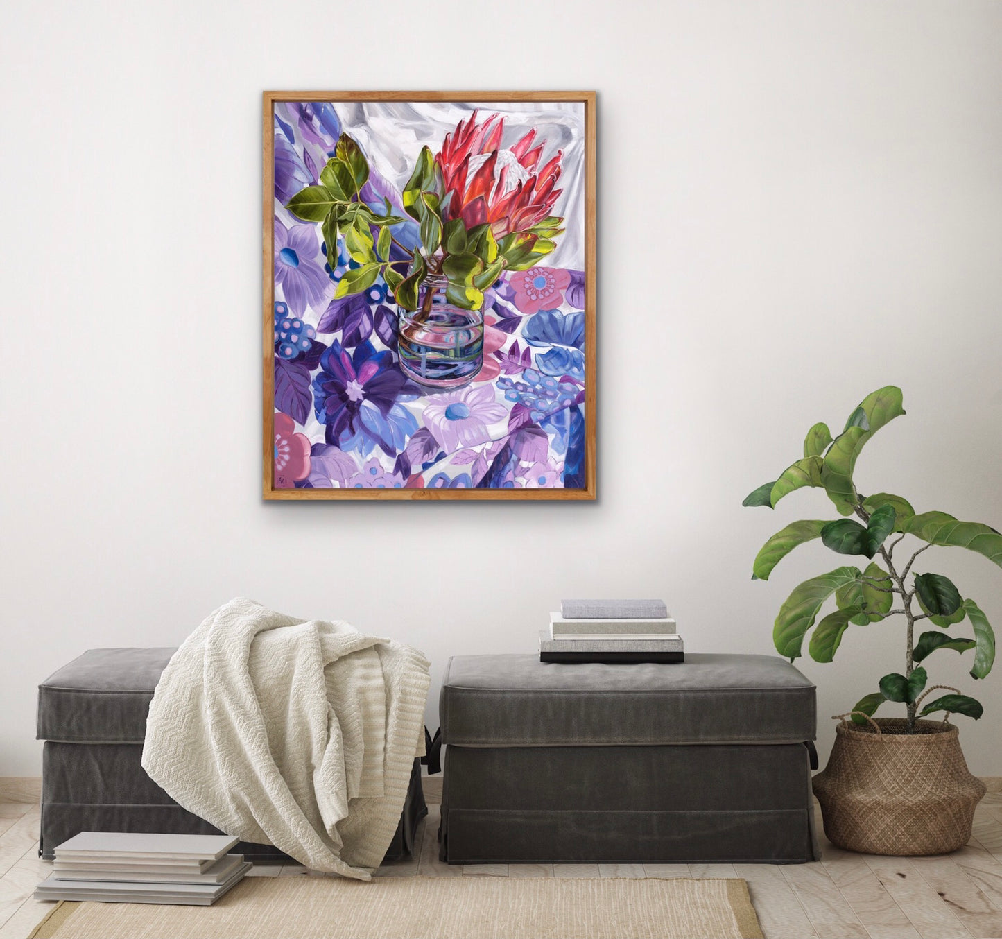 Gum leaves and King Protea on 60's flower power