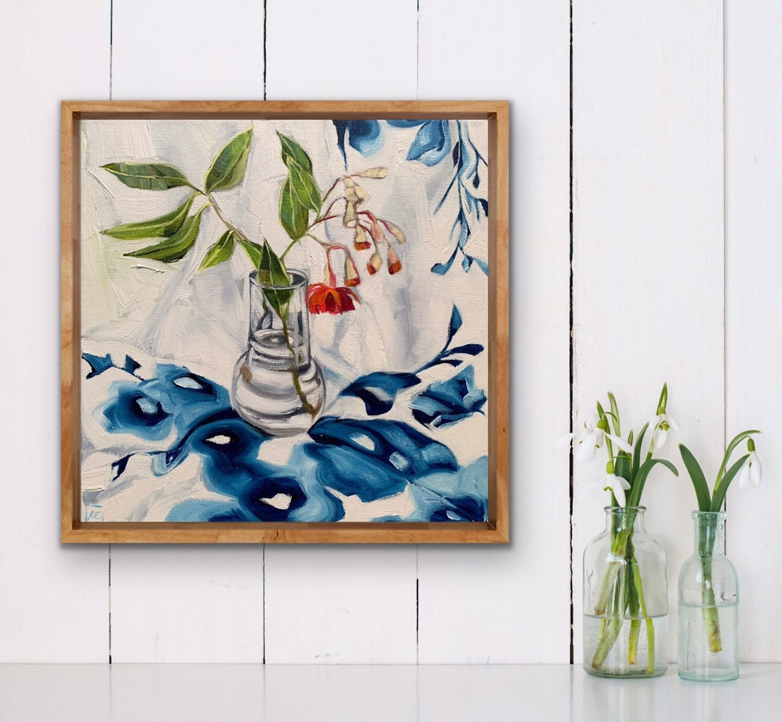 Red Gum Blossom on Glass Blue