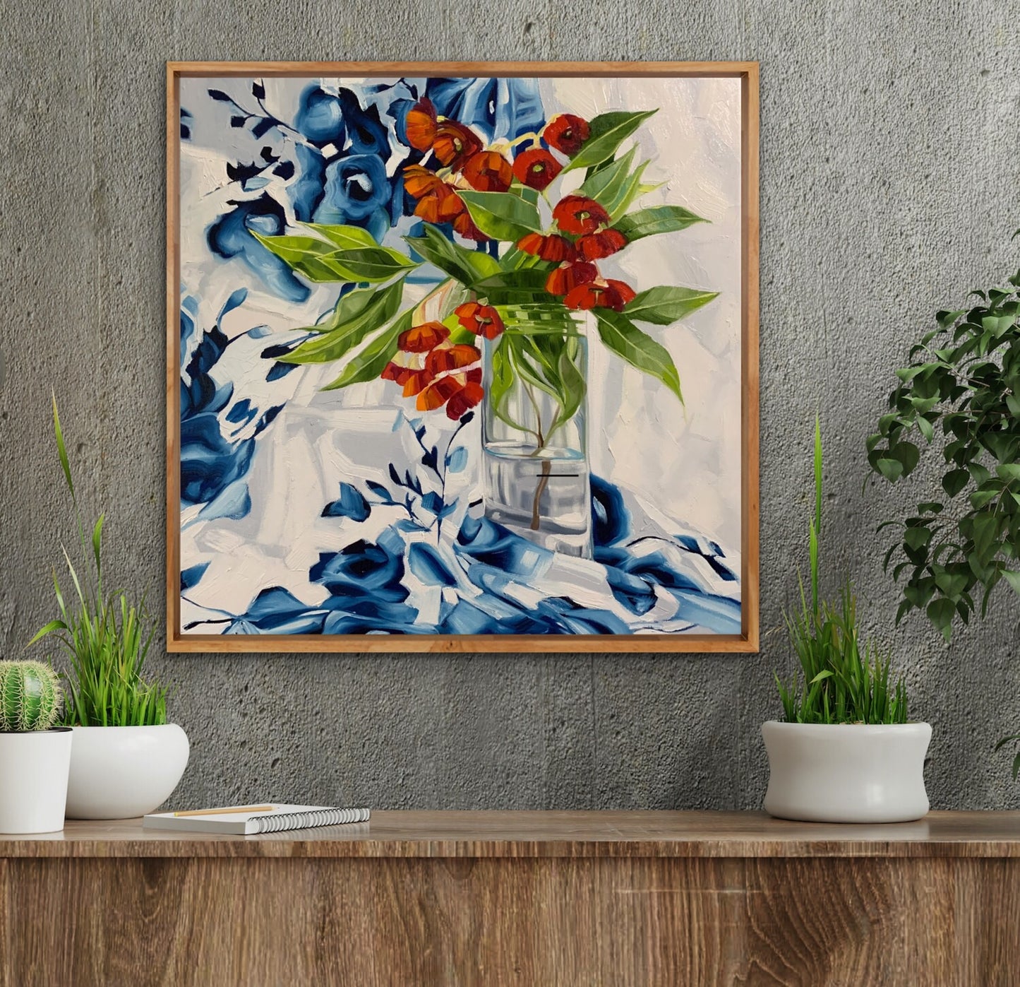 Red Gum Blossom on Blue and White