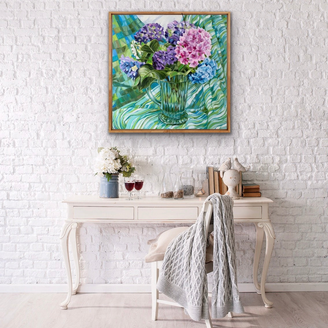 Blue Depression Glass and Hydrangeas