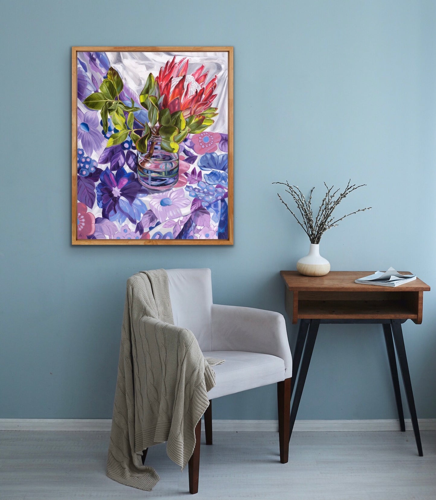 Gum leaves and King Protea on 60's flower power