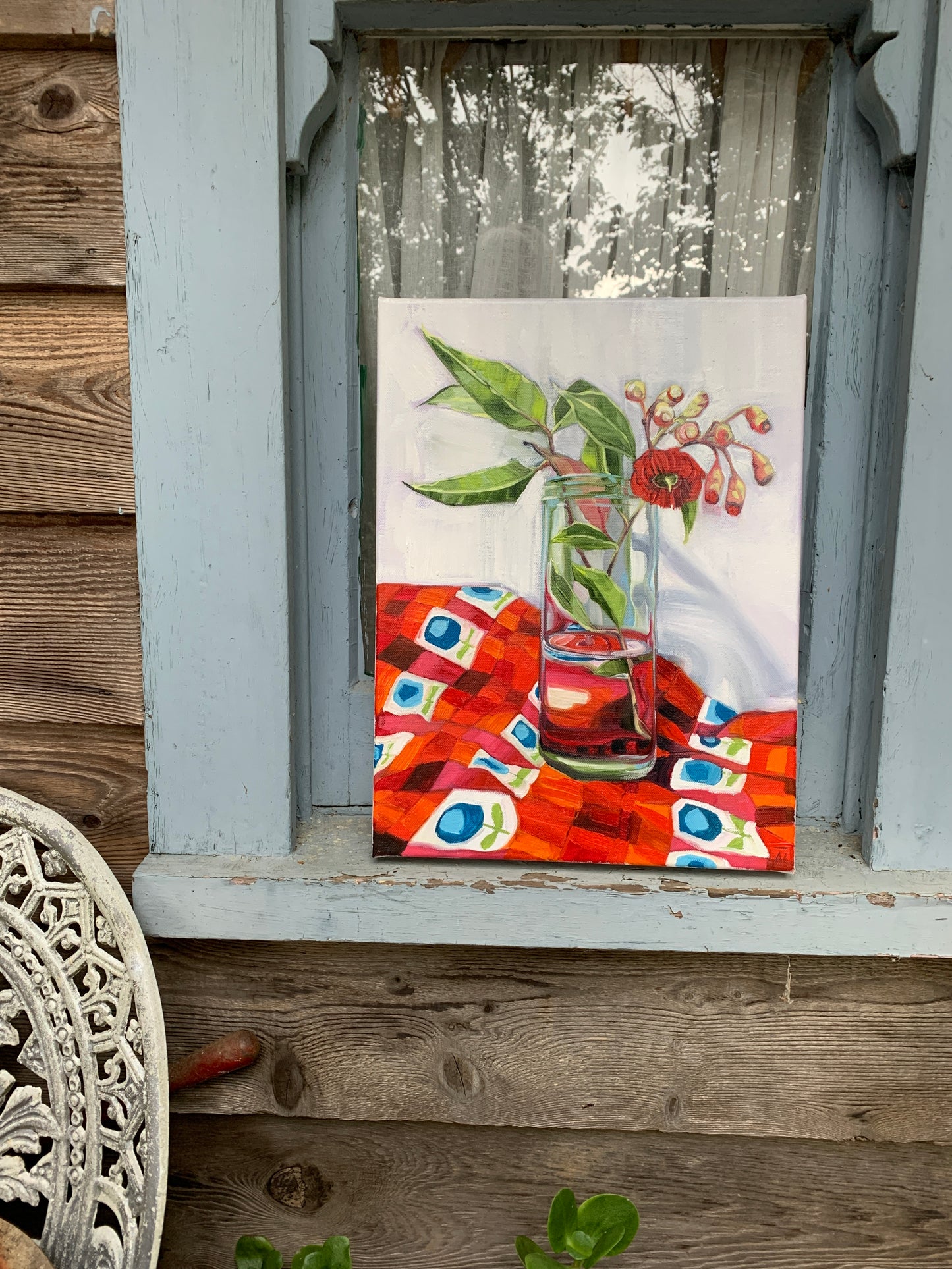Red Gum Blossom on Retro Kitchen Check