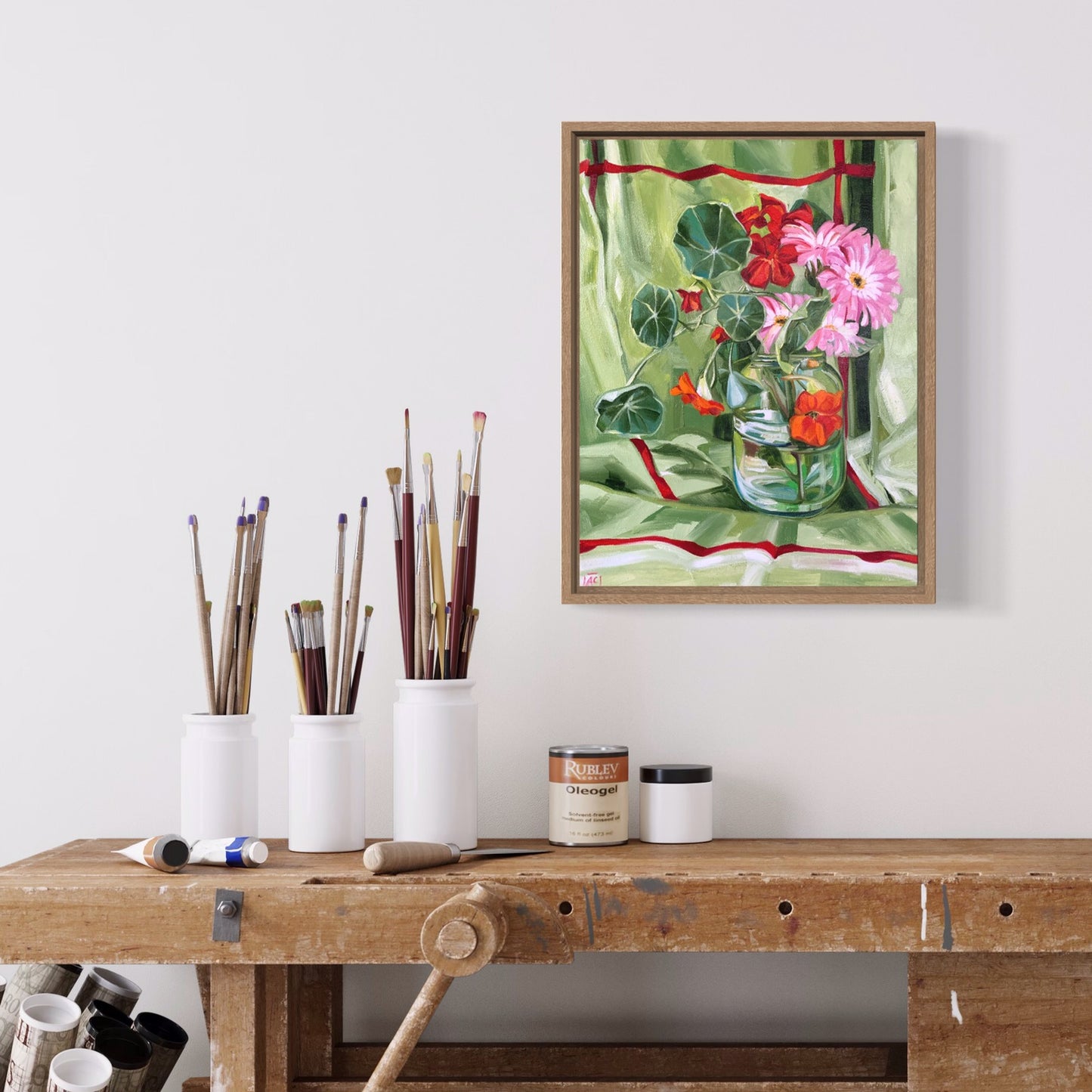 Nasturtium and Gerberas on Vintage Lime