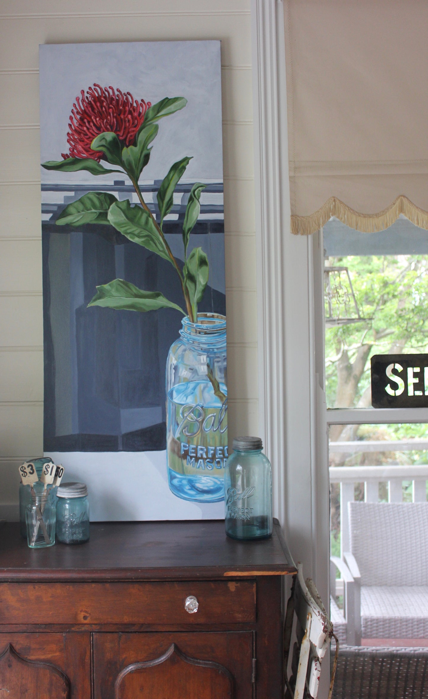 Waratah & Ball Jar - Original oil painting