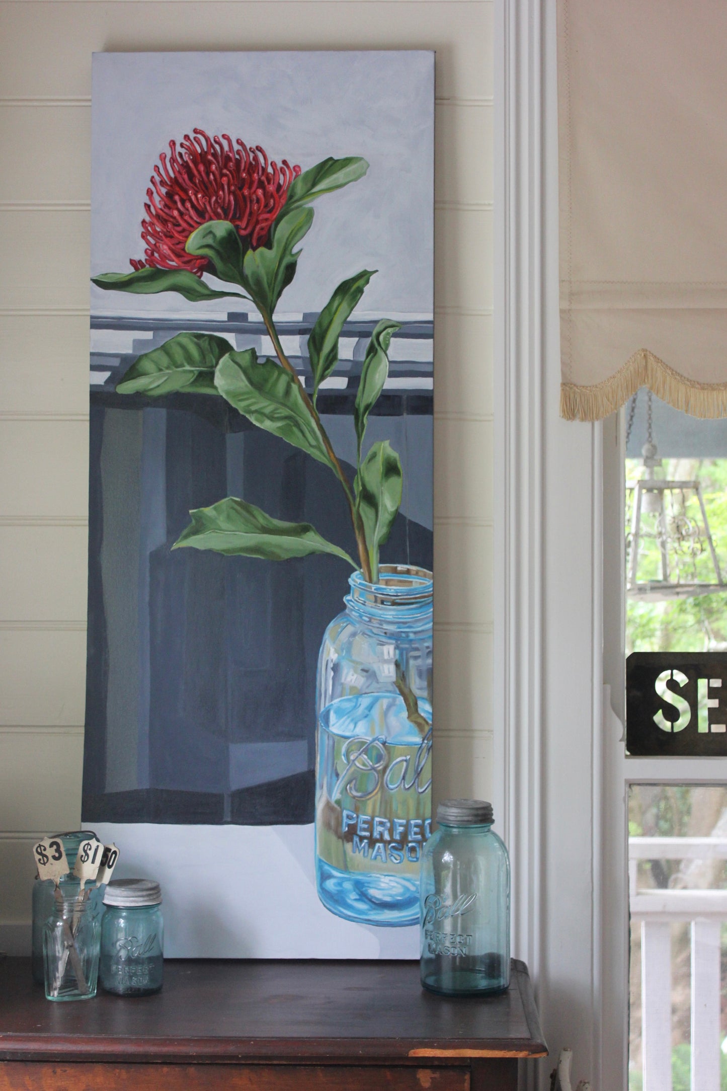 Waratah & Ball Jar - Original oil painting