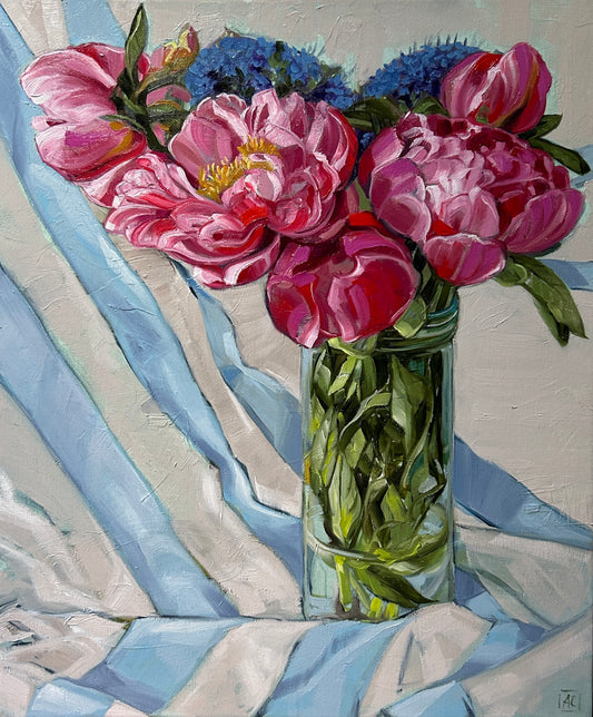 Peonies and Lilac on Stripes