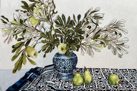 Banksia and Pears on Blue and White