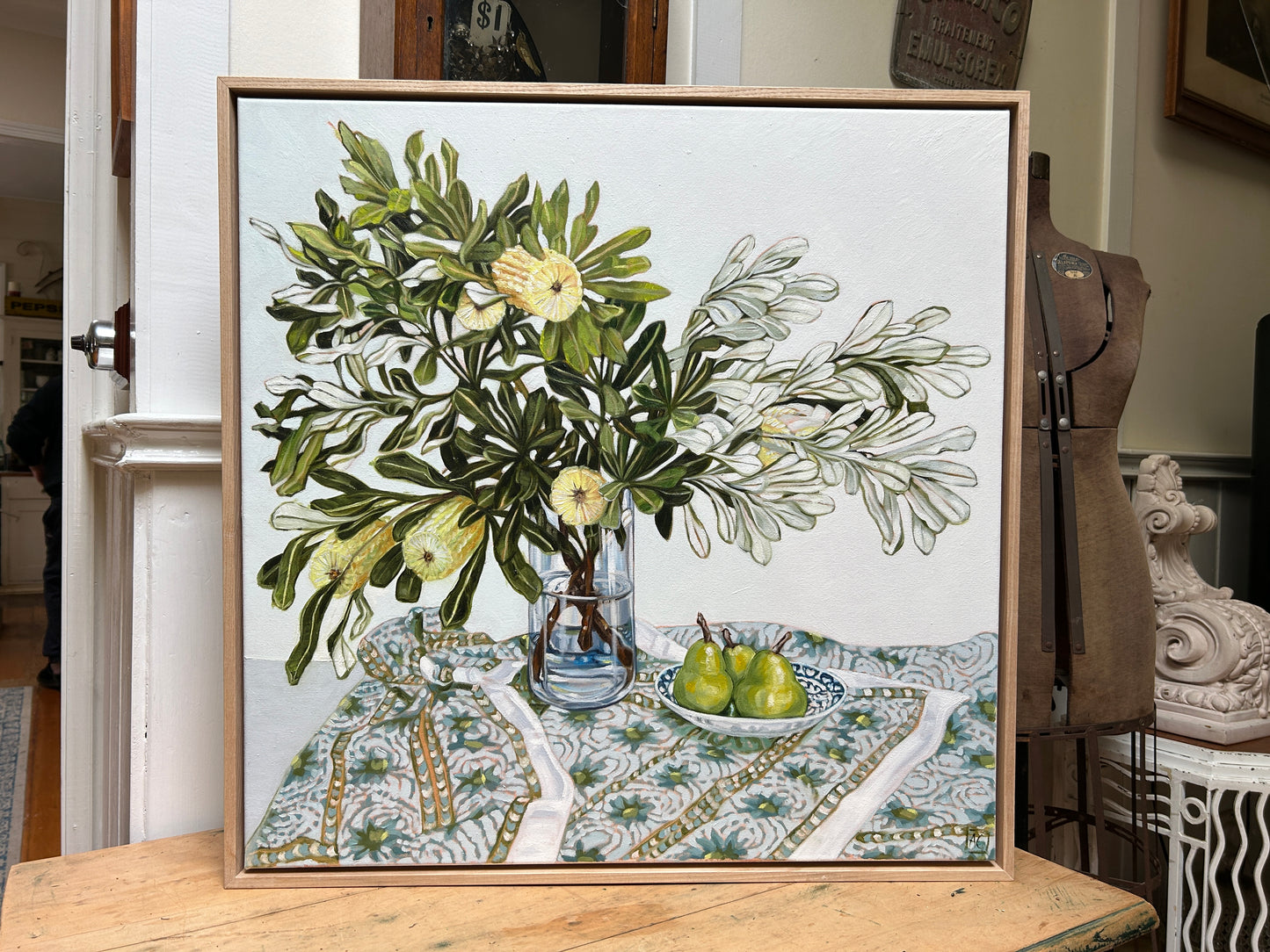 Banksia and Pears on Tablecloth