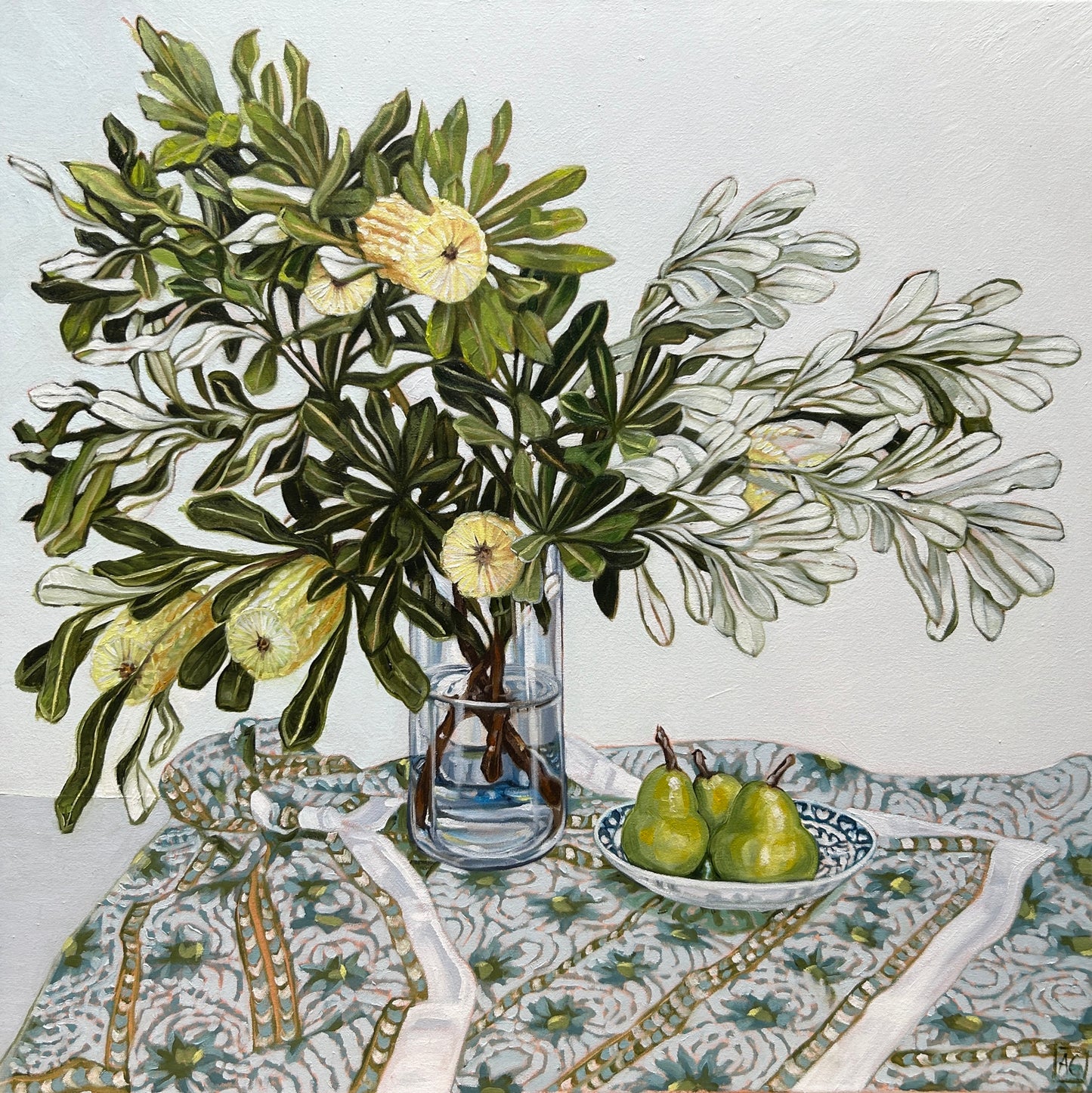 Banksia and Pears on Tablecloth