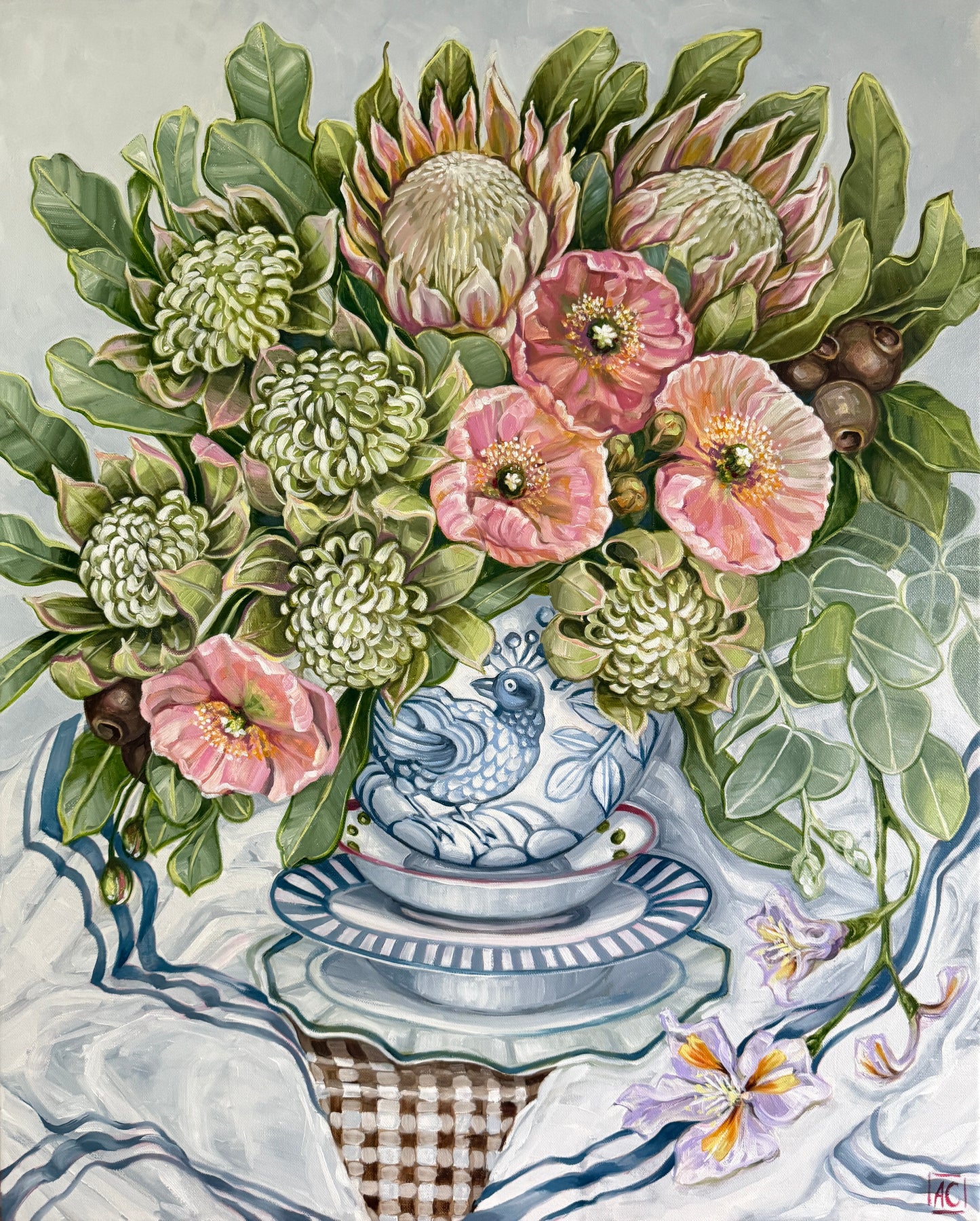 Blue bird with Poppies and Waratah