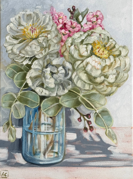 Peonies and wax flower