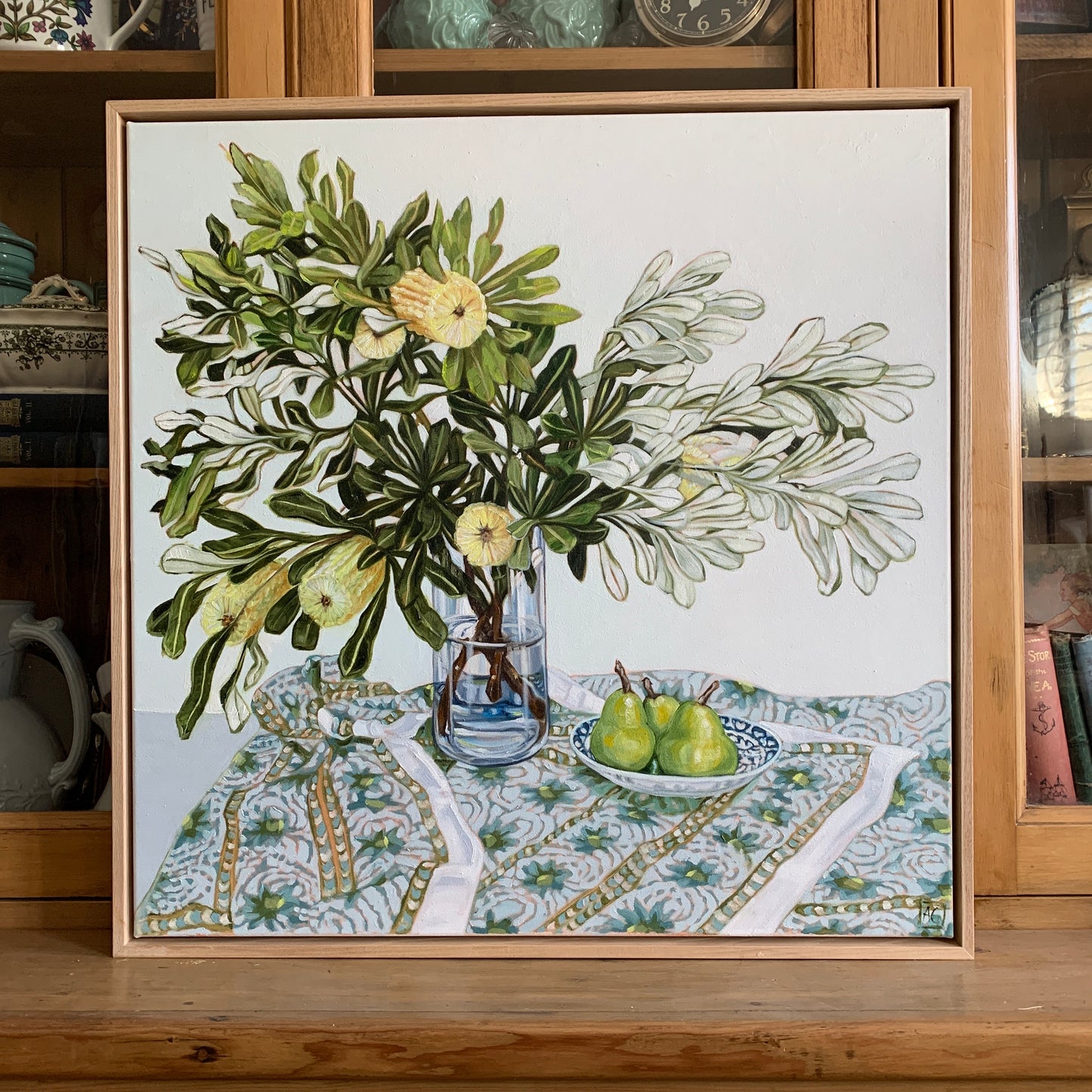 Banksia and Pears on Tablecloth