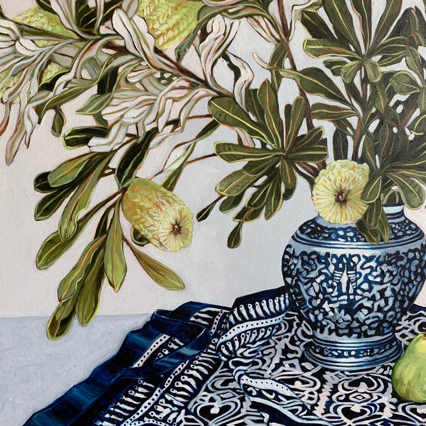 Banksia and Pears on Blue and White