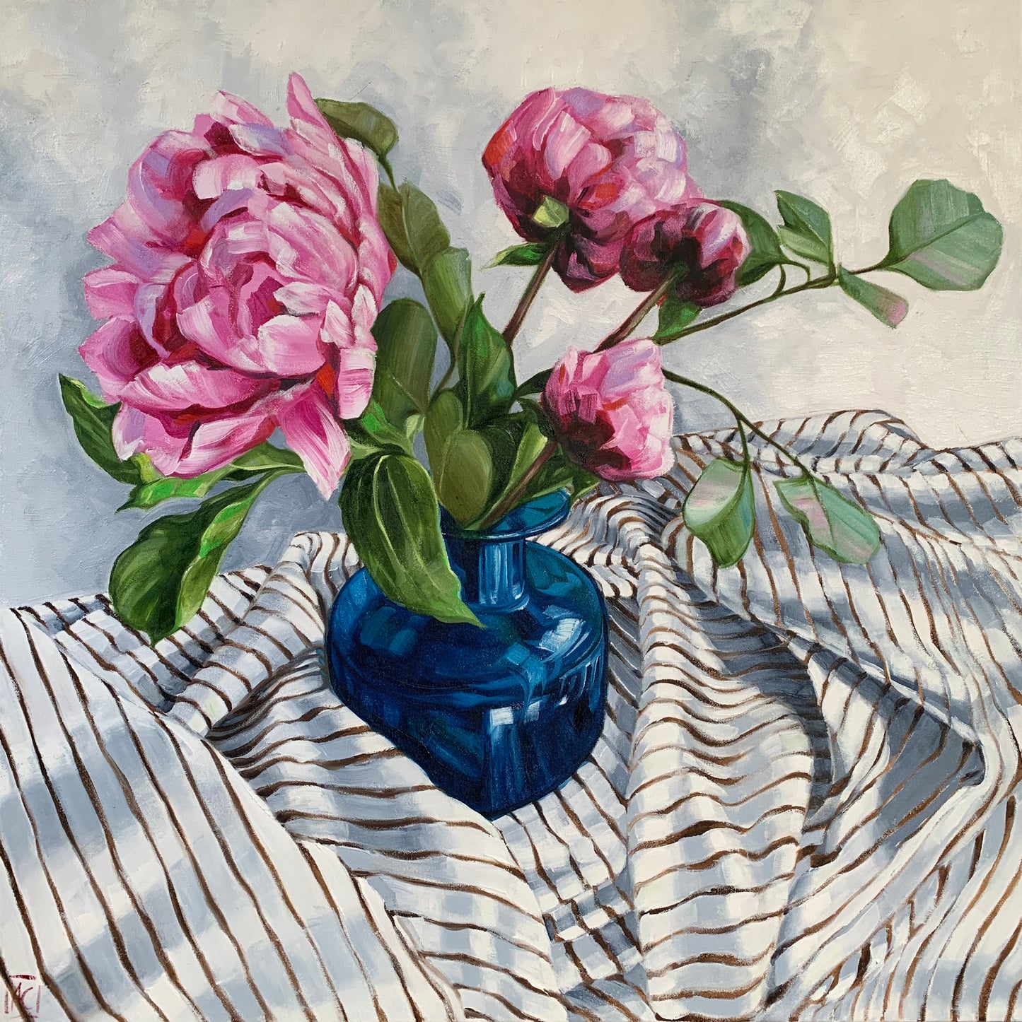 Peonies with Gum Leaf and stripes